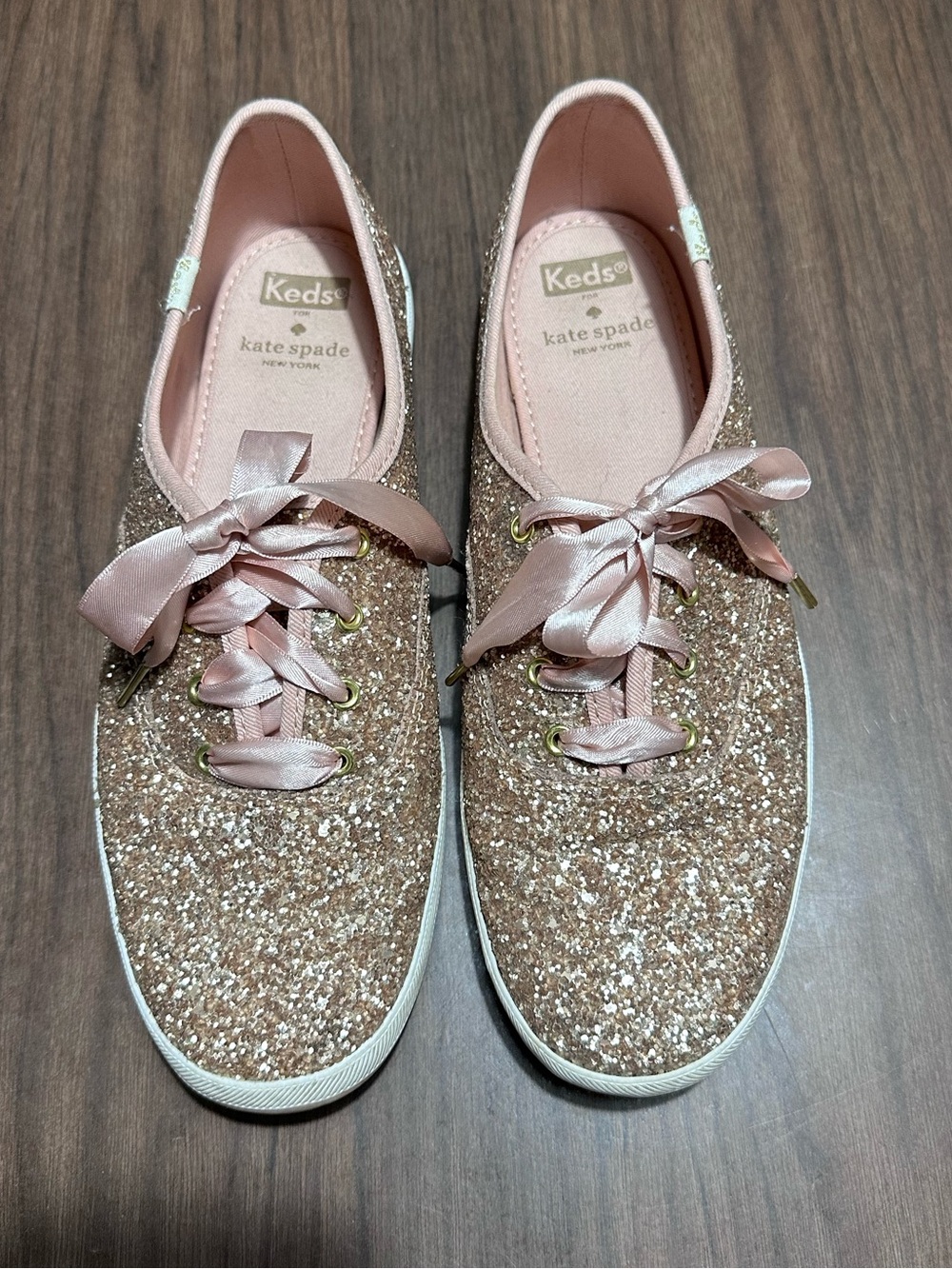 Keds x kate spade Rose Gold Glitter Ribbon Lace-Up Sneakers Gently Used